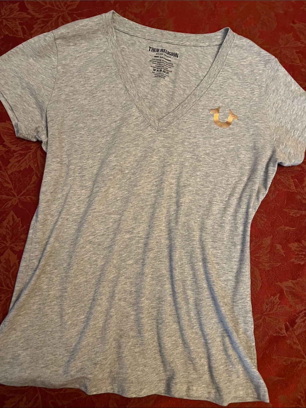 True Religion Heather Gray V-Neck Tee with Gold Logo Accent